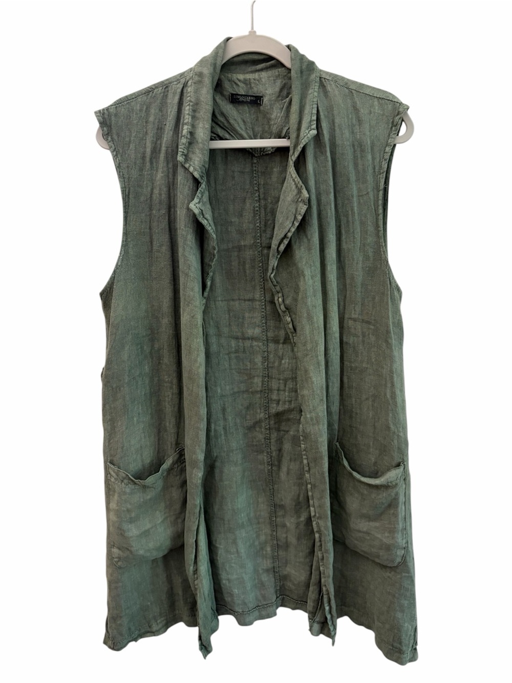Lungo L’arno Grunge Faded Olive Green 100% Linen Longline Vest Large FLAWS